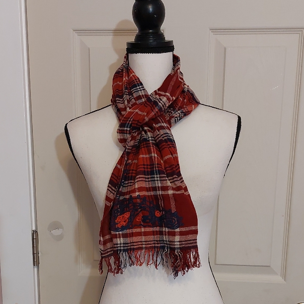 Catherines One Size Red Plaid Embroidered Fringed Woven Rayon Scarf